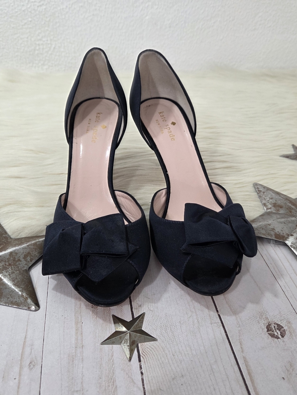 Kate Spade Sala d'orsay pumps navy blue satin glitter bow women's Size 8.5 - Picture 3 of 8